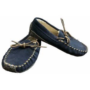 Lands End Moccasin Slippers Boys 2M Tan Navy Blue Suede Leather Faux Fur Lining